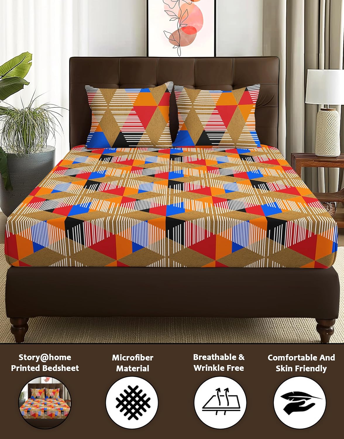 Queen Size Bedsheet With 2 Matching Pillow Covers - 88 X 100 Inches, Multicolor | All Around Elastic Fitted Breathable & Soft Touch Bedsheet
