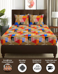 Queen Size Bedsheet With 2 Matching Pillow Covers - 88 X 100 Inches, Multicolor | All Around Elastic Fitted Breathable & Soft Touch Bedsheet