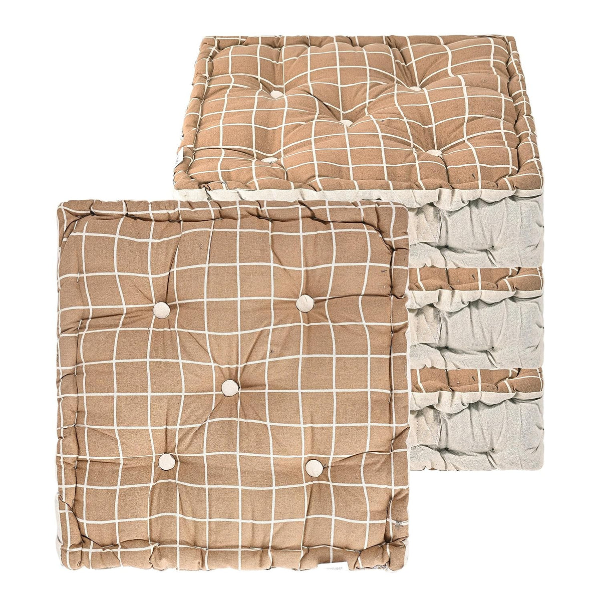 Soft & Comfortable Cotton Chair Cushion Pillow For Sitting, Check Print - Brown | Pillow For Office Work & Posture Support | Sitting Cushion & Back Rest For Chair, Pain Relief - Pack Of 4