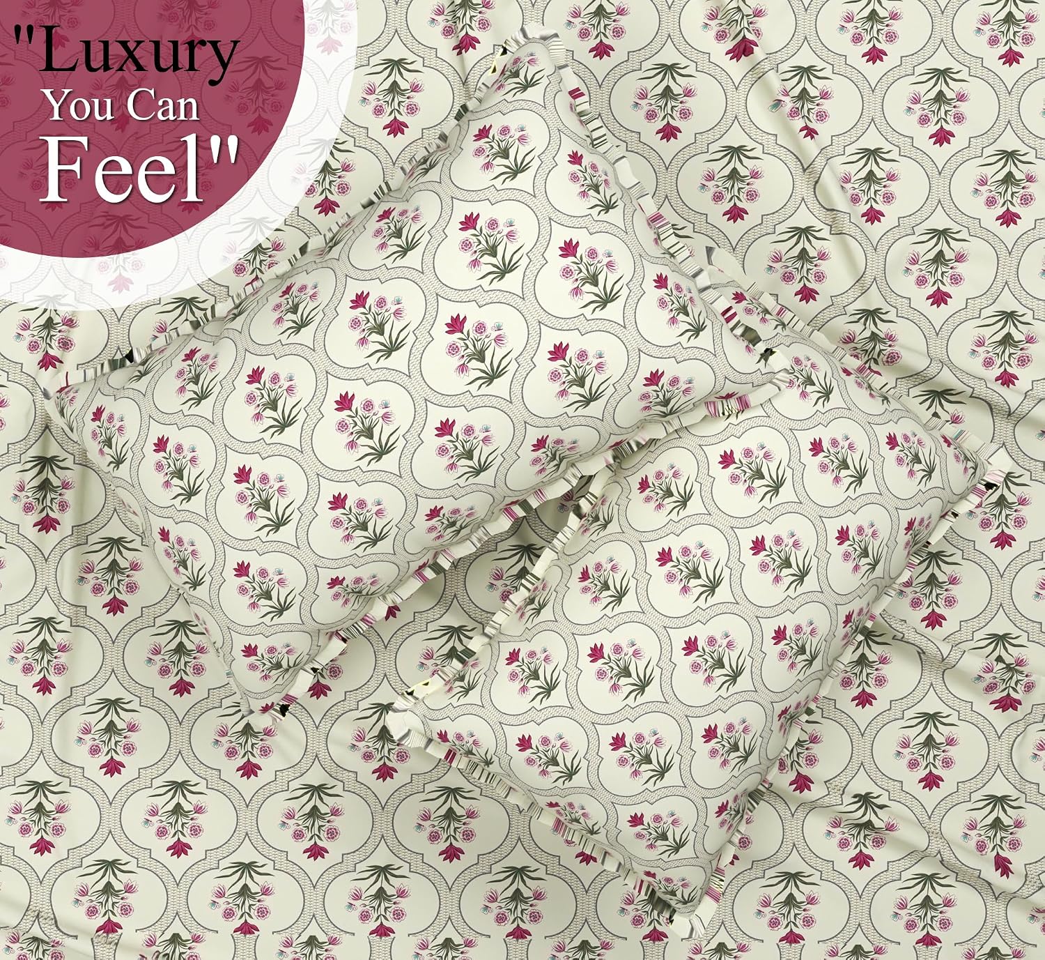100% Cotton Double Bed Bedsheet Set With 2 Matching Pillow Covers | 90 X 90 Inches, Pista & Pink- Ideal For Villas, Guest Houses, & Daily Home Use Double Bedsheet