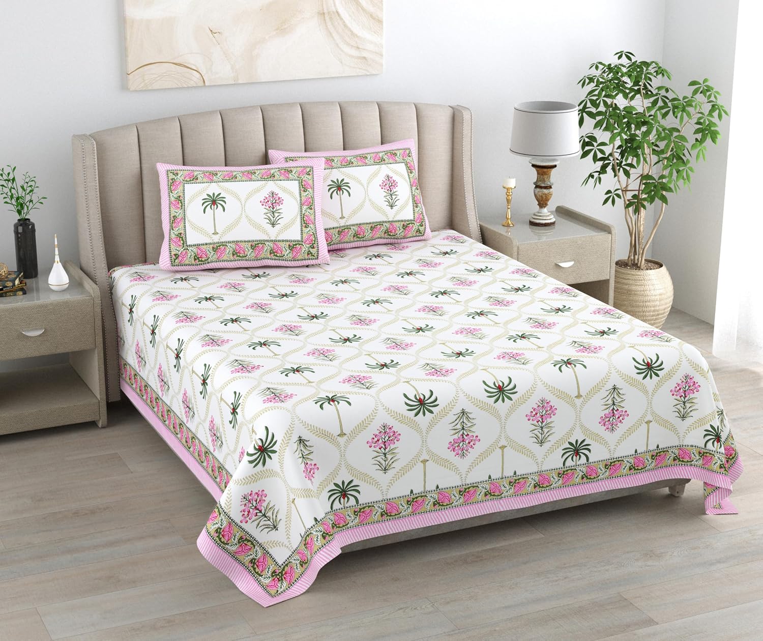 1 Queen Size Bedsheet For Double Bed With 2 Pillow Covers (90 X 108 Inches) White & Pink | Premium Cotton Material - Ideal For House, Hotel, Guest House