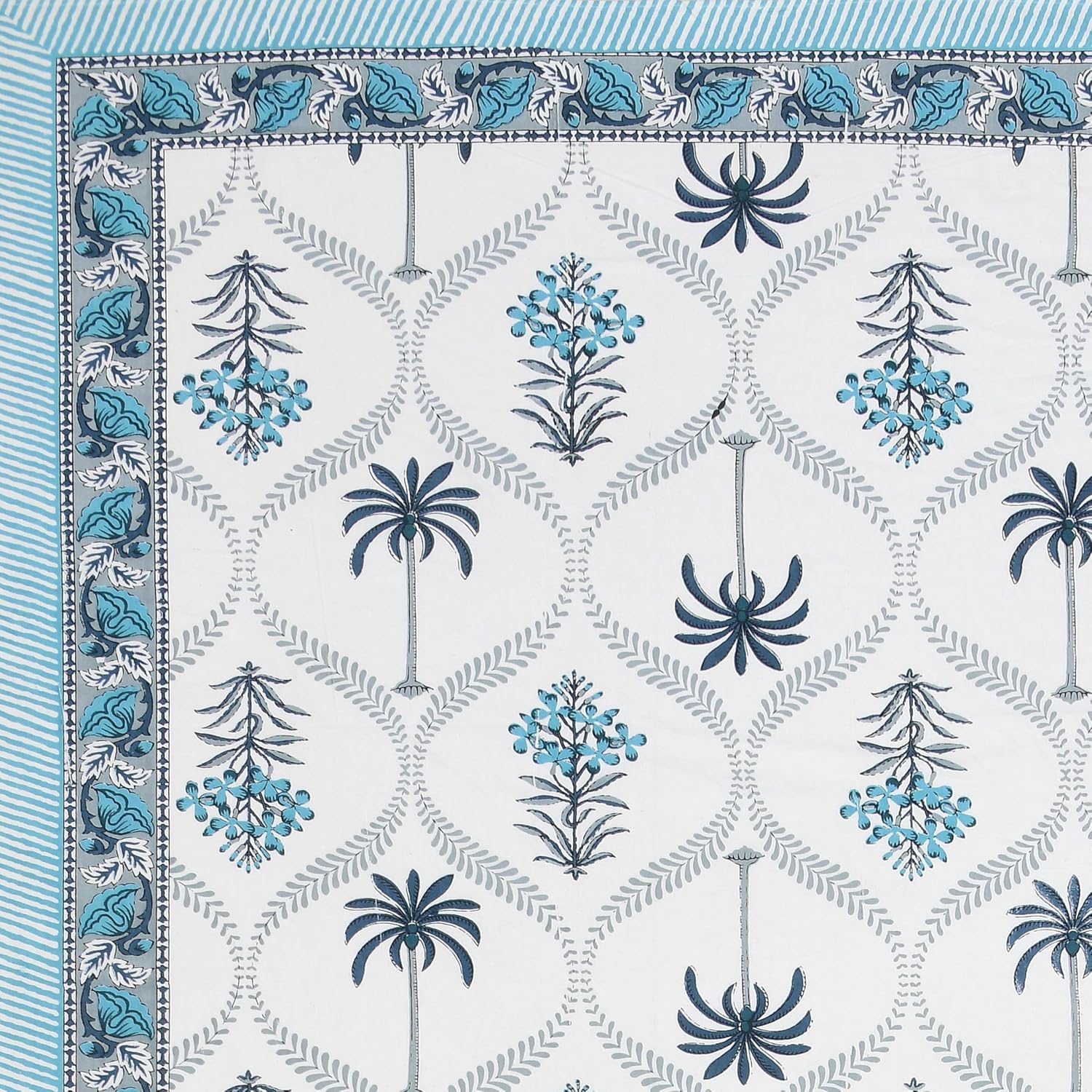 1 Queen Size Bedsheet For Double Bed With 2 Pillow Covers (90 X 108 Inches) White & Sky Blue | Floral Print Designs - Breathable 100% Cotton Bedsheet Comfortable