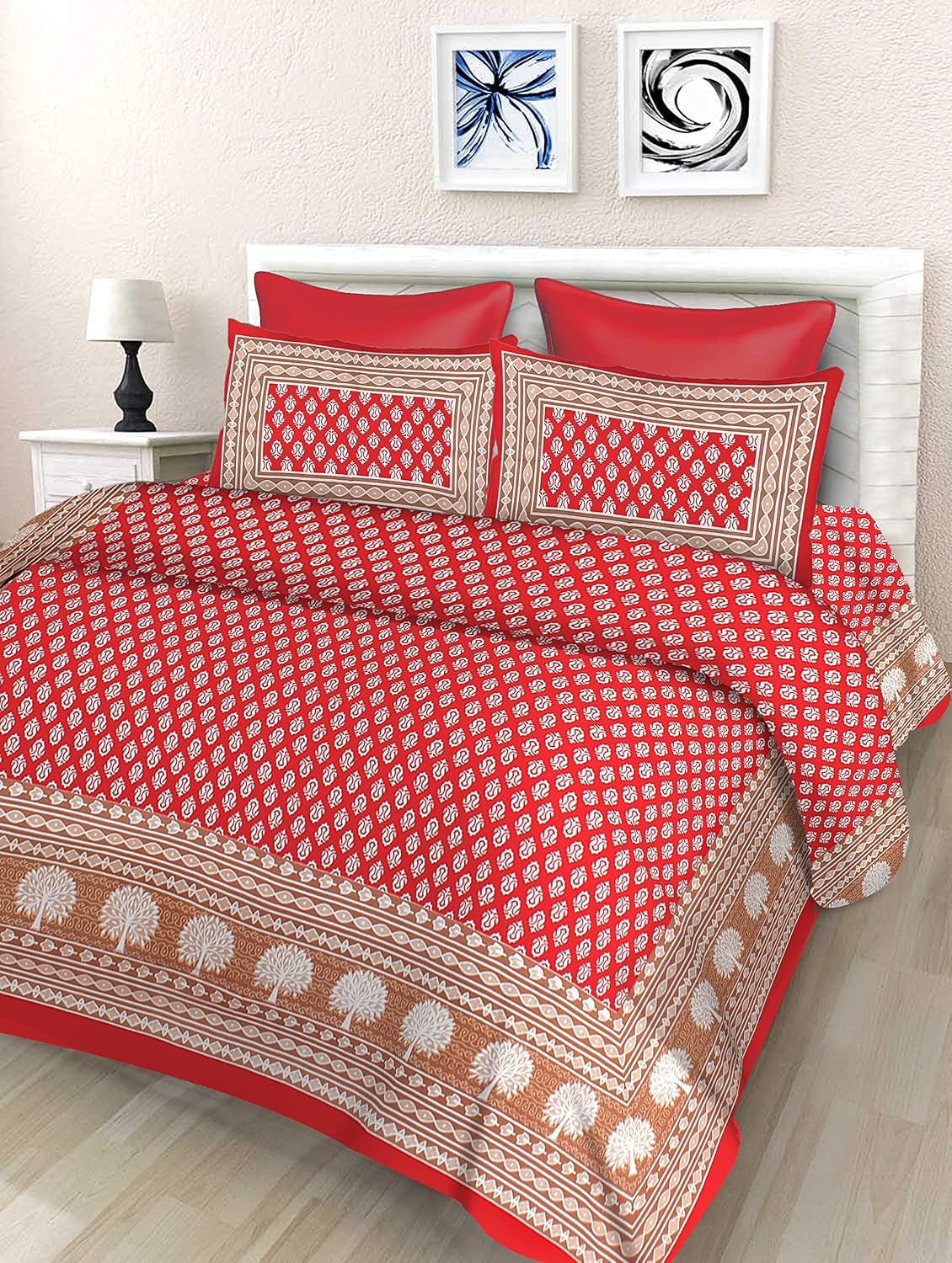 Printed Double Bedsheet For King Size With 2 Pillow Covers - 90 X 100 Inches, Red & White | Better Use Soft Detergent For Long Durability