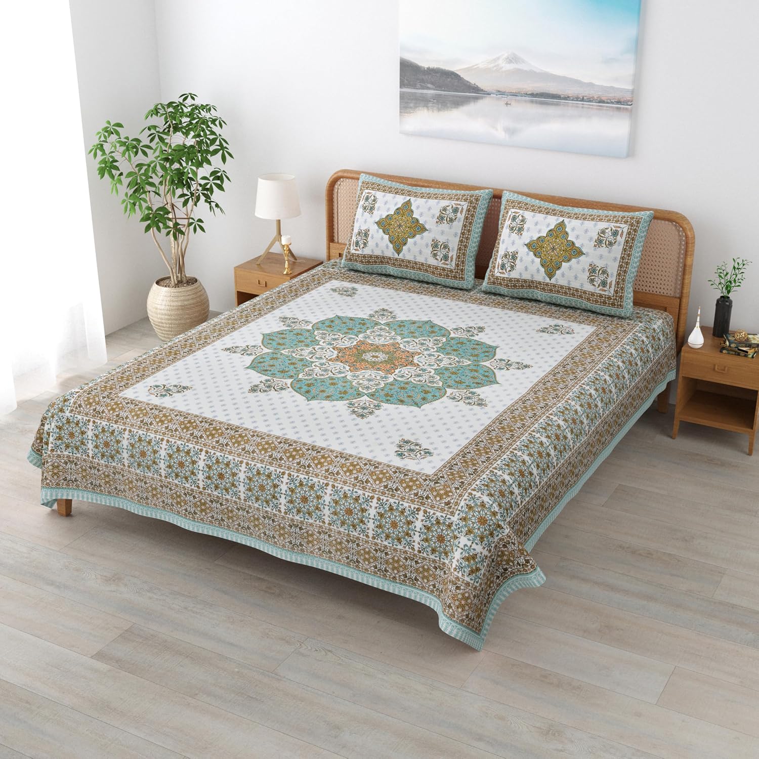 Sanskriti Bedsheet For Double Bed King Size With 2 Pillow Cover - 90 X 108 Inches, Teal & White | Soft, Durable & Stylish | Breathable & Skin-Friendly