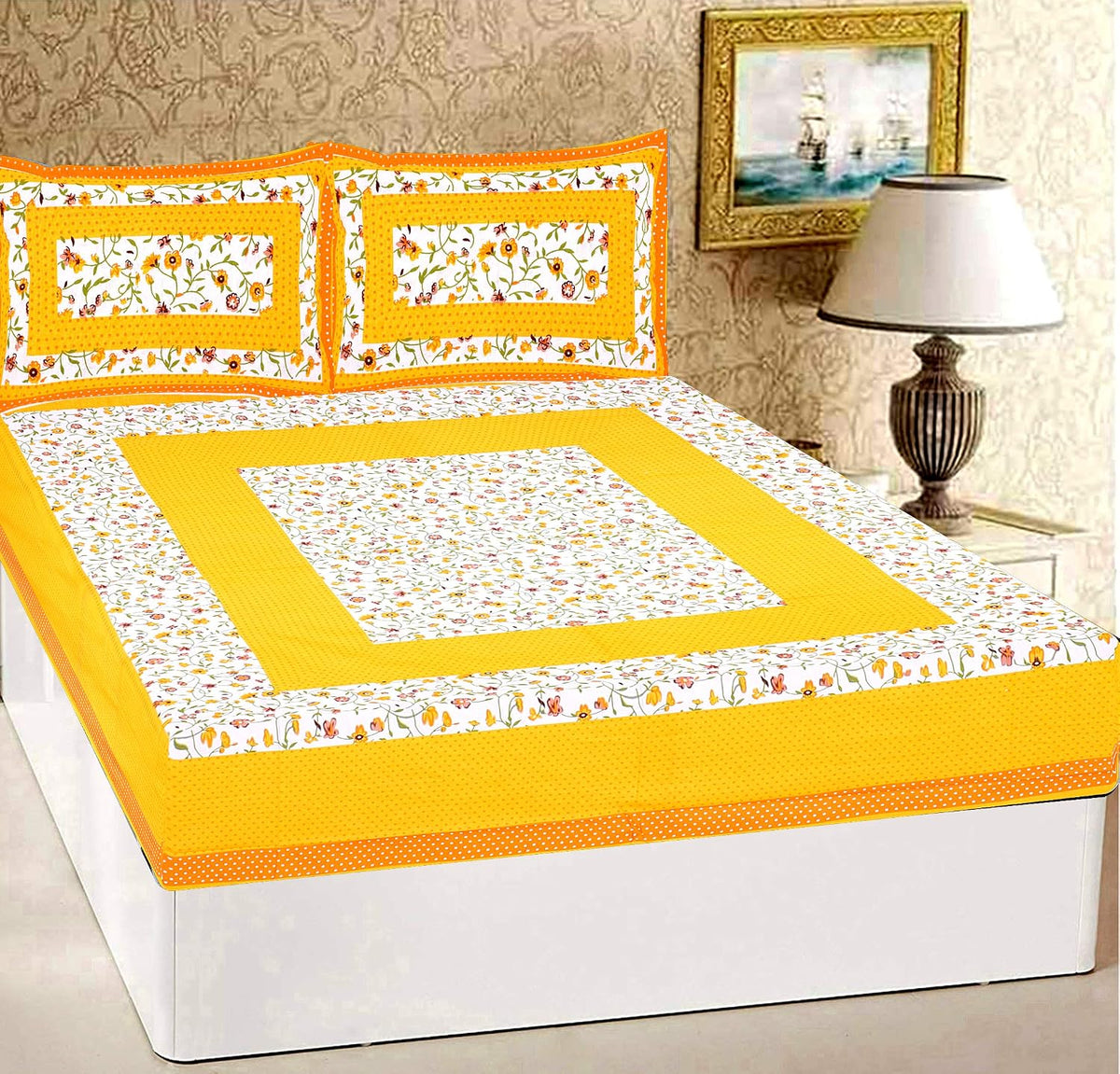 Pure 100% Cotton Double Bed Sheet With 2 Pillow Covers - 90 X 100 Inches, Yellow & White | Beautifully Handcrafted Traditional Bedsheets - Skin Friendly Fabric