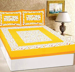 Pure 100% Cotton Double Bed Sheet With 2 Pillow Covers - 90 X 100 Inches, Yellow & White | Beautifully Handcrafted Traditional Bedsheets - Skin Friendly Fabric