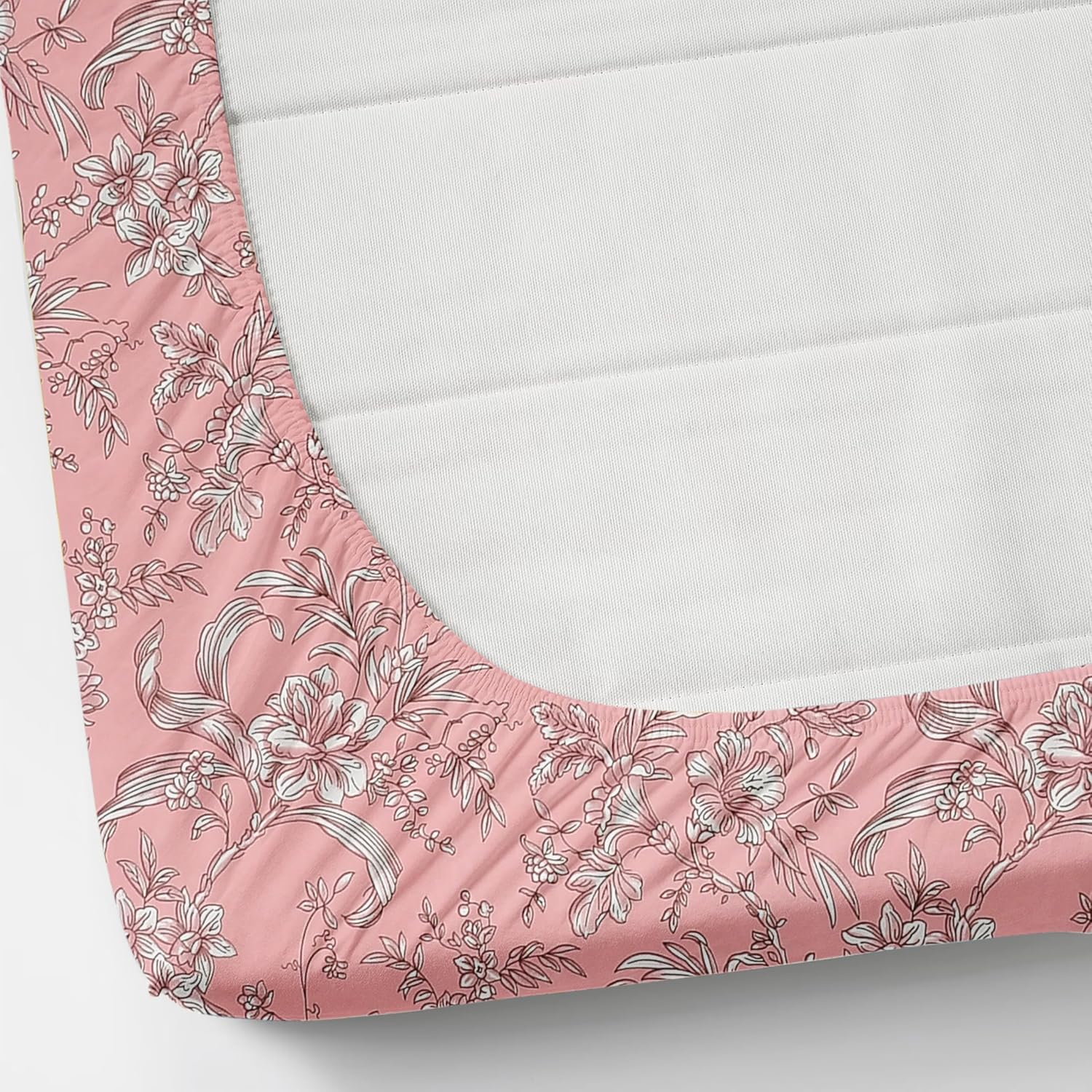 Cotton Elastic Fitted Bedsheets Single Bed With 1 Pillow Covers - 36x78x8 Inches, Pink | Coordinated Print Design Bedsheet | 210 Thread Count