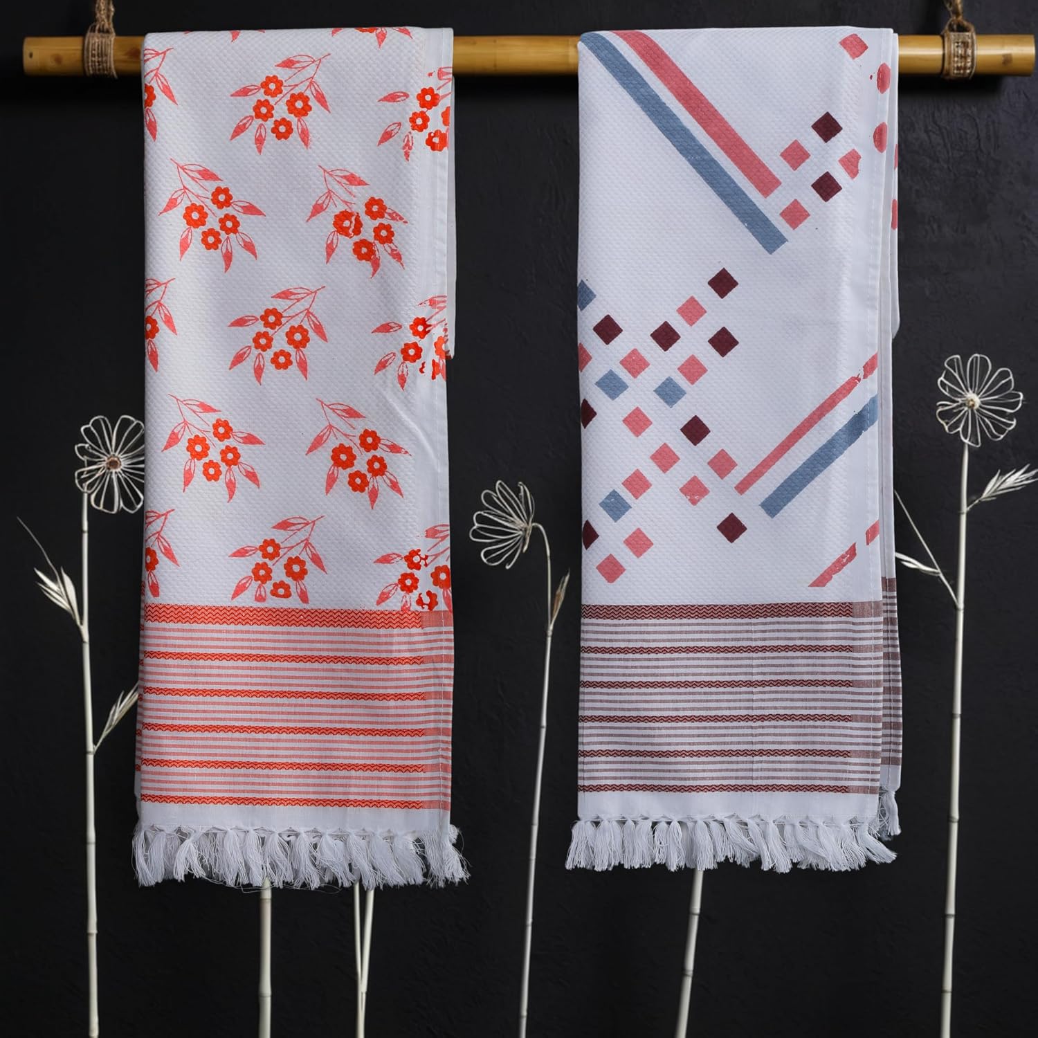 Basil House White Printed Plain Large Size Cotton Turkish Bath Towel 700 Gsm | Kerala Thorthu Towel Lighweight Thin Towels (Multicolor) - Pack Of 2