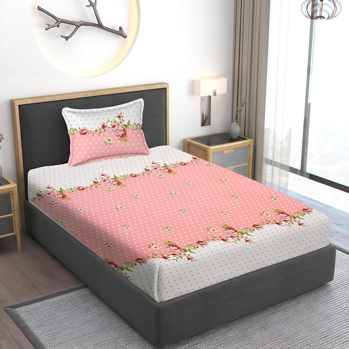 Floral Printed Single Bedsheet Size With 1 Pillow Cover - 60 X 90 Inches, Pink & White | Cotton Wrinkle Free Soft, Breathable | Durable & Long-Lasting