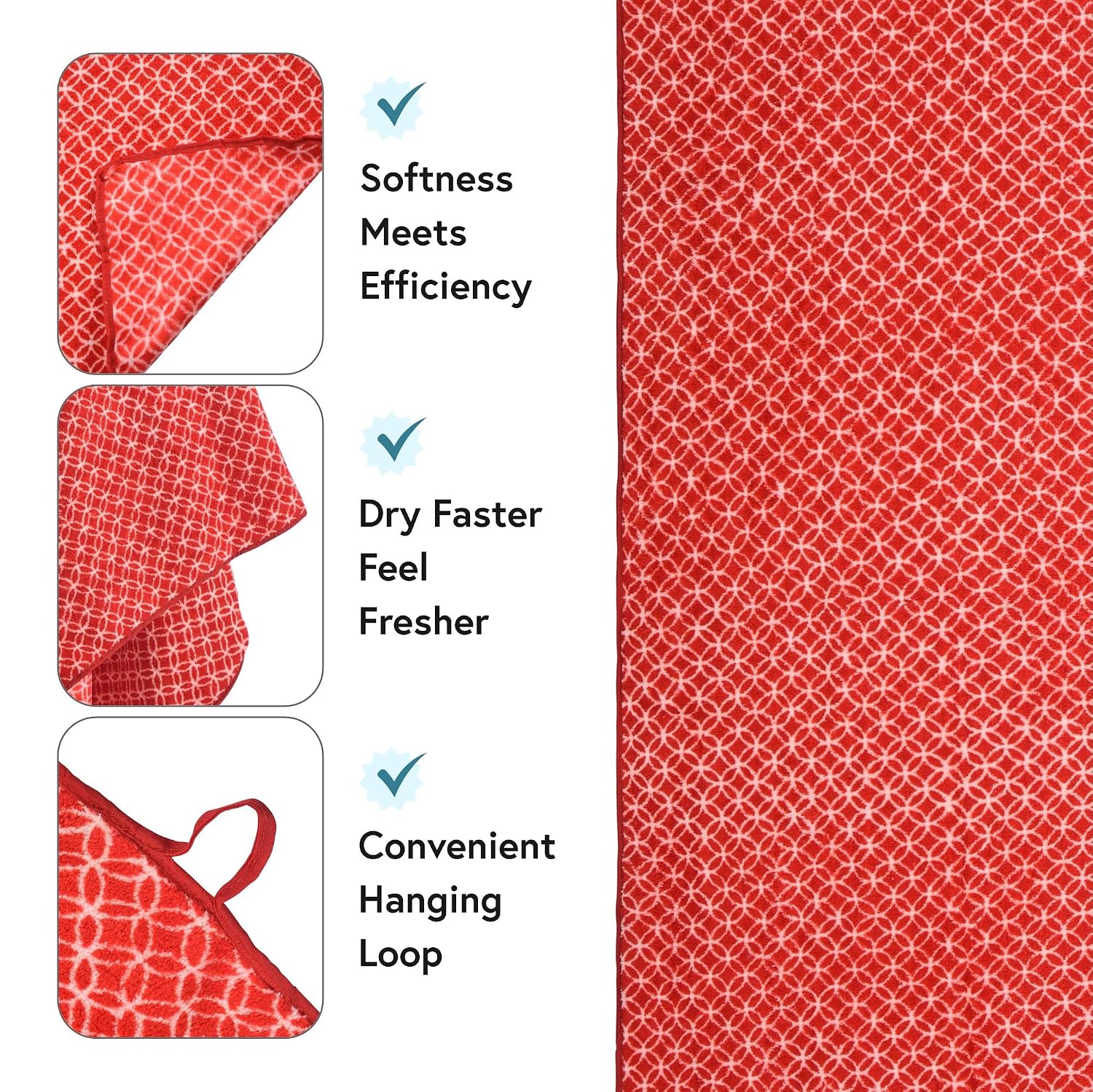Kuber Industries Microfiber Bath Towel 1050 Gsm | Large Size Soft Quick Dry & Absorbent Shower Bath Towel (Circle - Red)- Pack Of 3