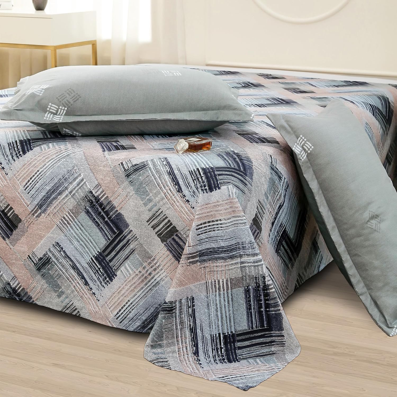 Bedsheets For Double Bed With 2 Pillow Cover - 92 X 98 Inches, Grey & Peach | Satin Finish Microfiber Queen Size Bedsheet | Skin Friendly & Breathable Fabric