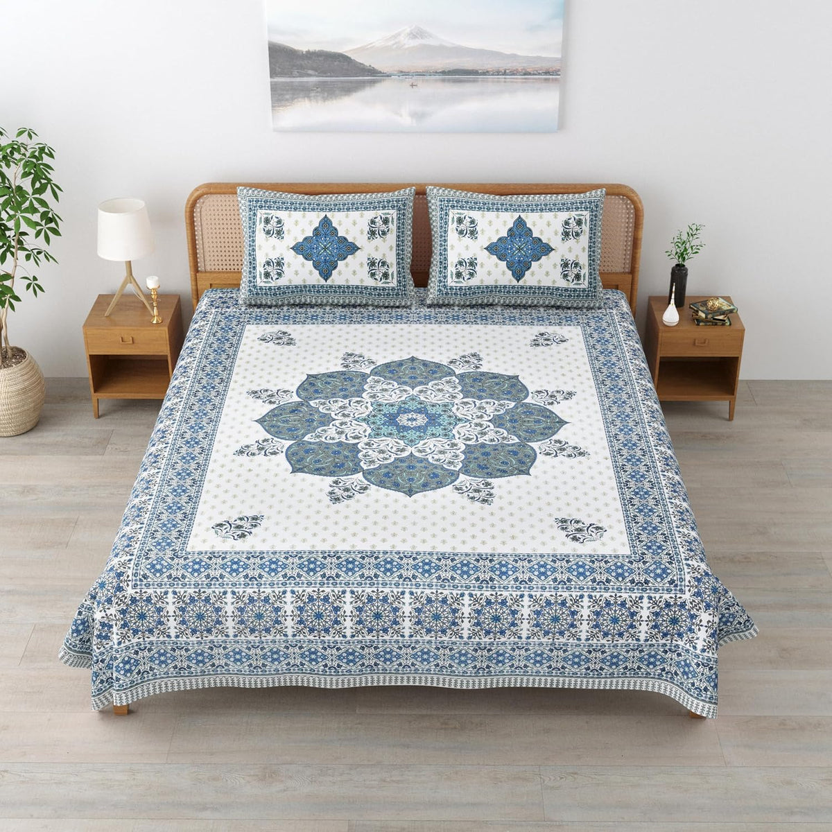 Sanskriti Bedsheet For Double Bed King Size With 2 Pillow Cover - 90 X 108 Inches, Blue & Grey | Soft, Durable & Stylish | Breathable & Skin-Friendly
