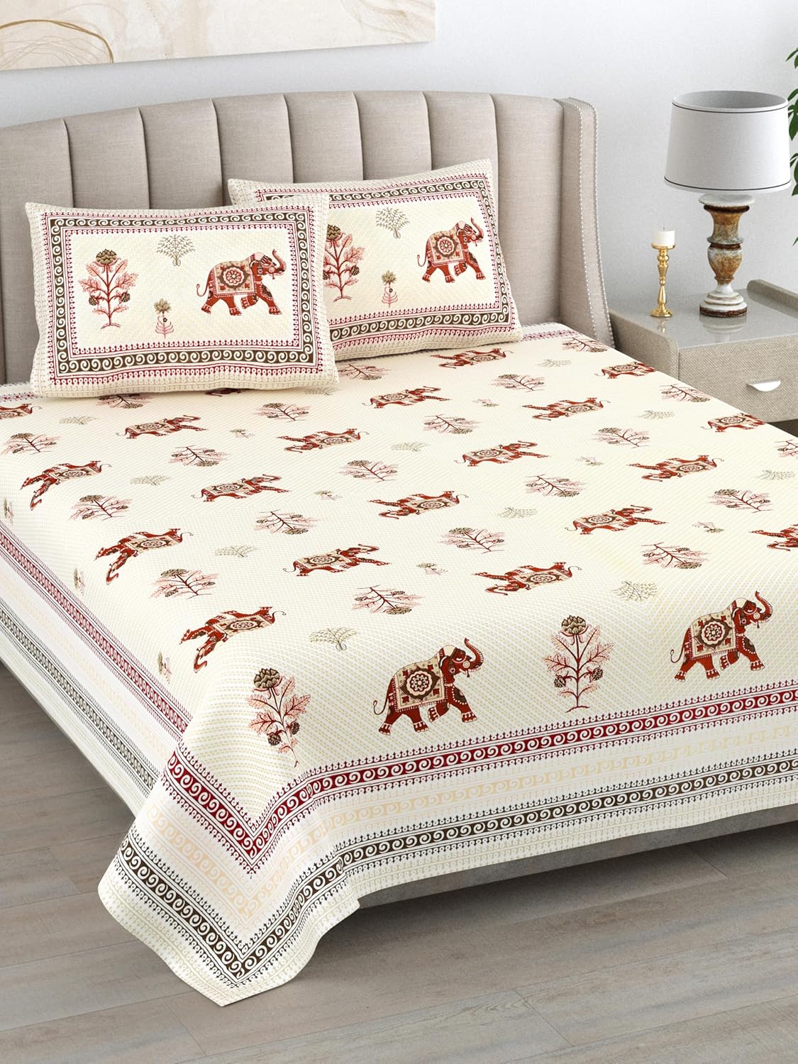 Bedsheet For Queen Bed With 2 Pillow Covers - 90 X 108 Inches, Cream & Maroon | Pure Cotton Traditional Jaipuri Printed | Ideal For Both Everyday Use & Special Events