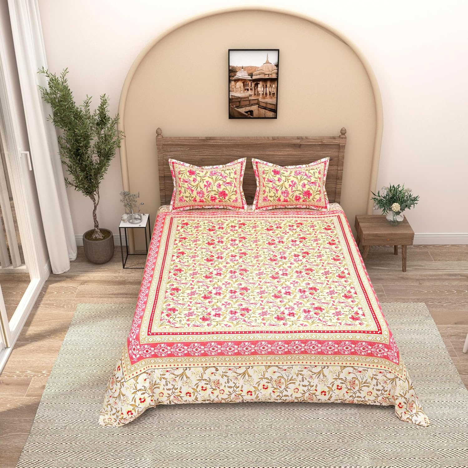 Traditional Rajasthani Design Bedsheet With 2 Pillow Covers - 90 X 108 Inches, Yellow & Pink | Color Fade Resistant & Shrinkage Resistant For All-Season Use