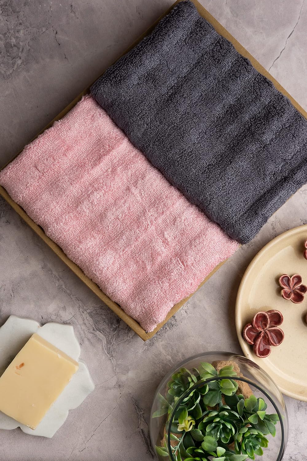 Mush 100% Bamboo Hand Towel 400 Gsm | Ultra Soft, Absorbent & Quick Dry Towel (Pink & Grey) - Set Of 2