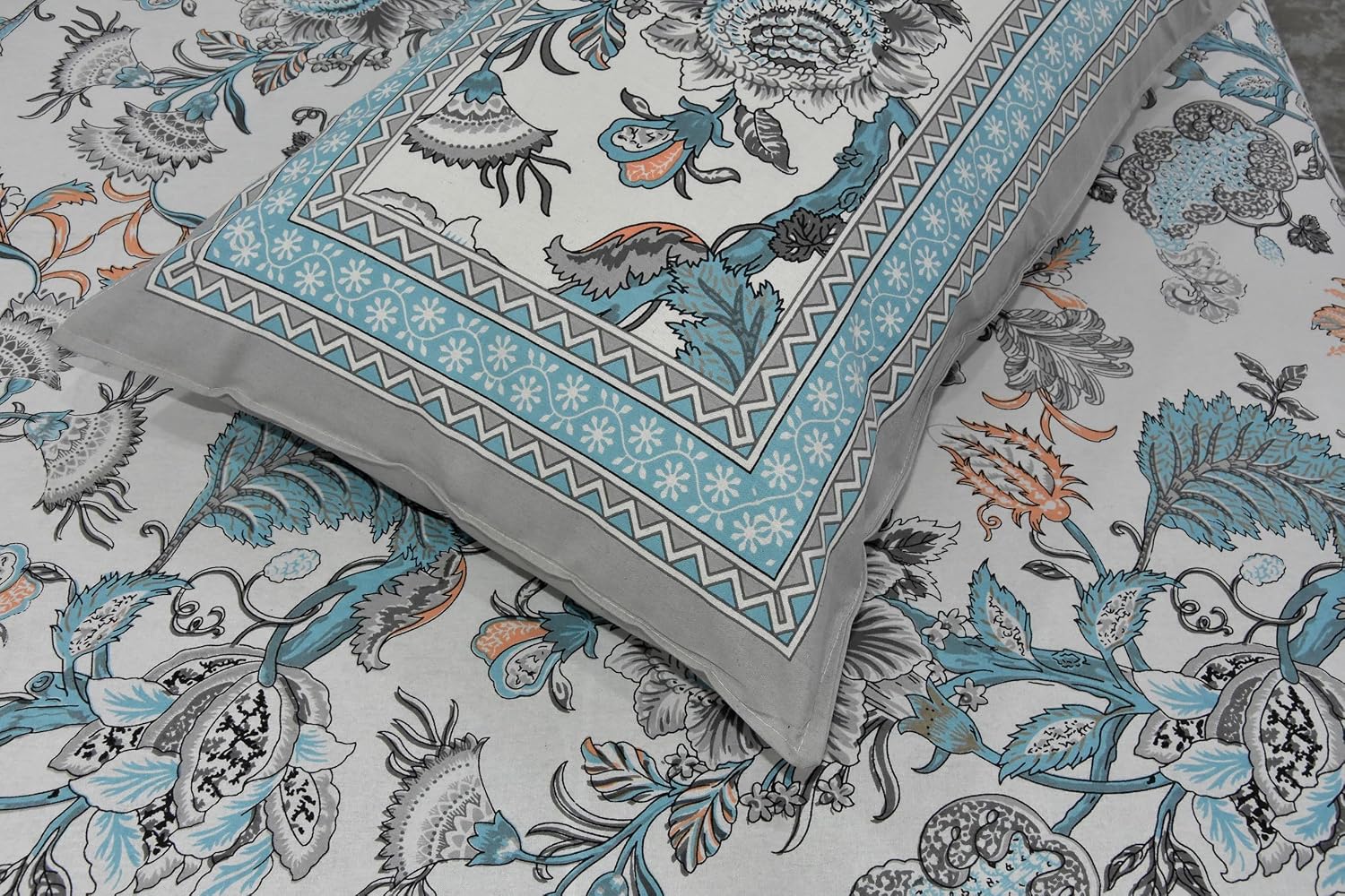 Traditional Rajasthani Design Bedsheet With 2 Pillow Covers - 90 X 108 Inches, Grey & Blue | Color Fade Resistant & Shrinkage Resistant For All-Season Use