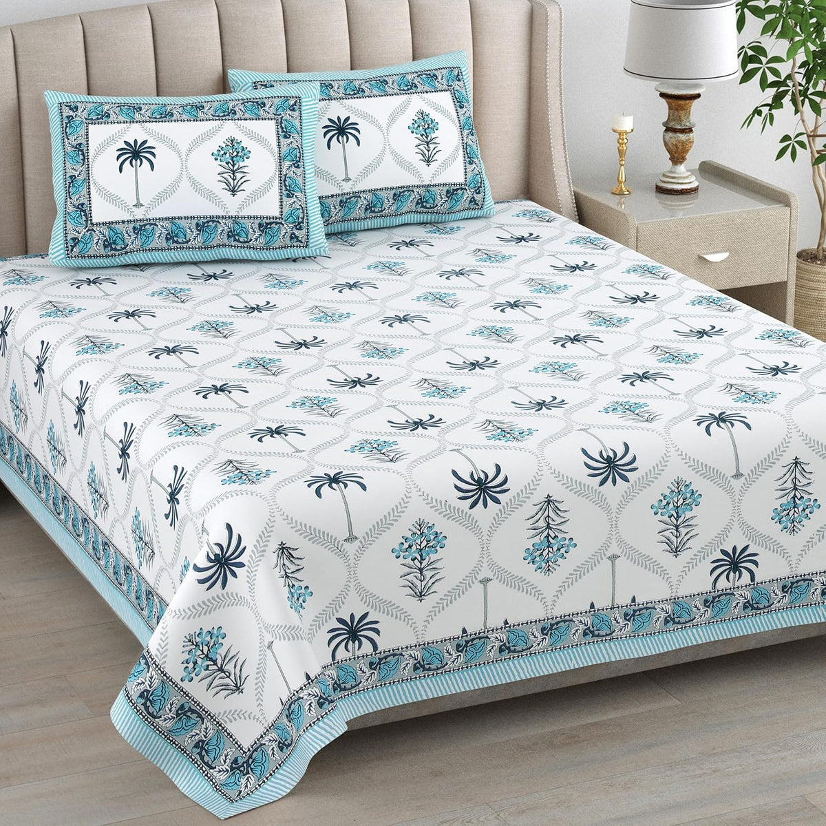 1 Queen Size Bedsheet For Double Bed With 2 Pillow Covers (90 X 108 Inches) White & Sky Blue | Premium Cotton Material - Ideal For House, Hotel, Guest House
