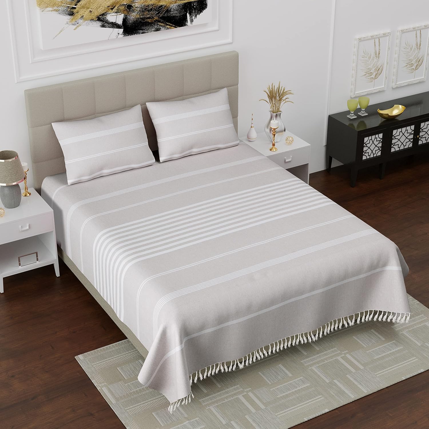 100% Cotton Double Bedsheet With Two Pillow Cover - Queen Size 90 X 100 Inches, Cream & White | Handloom Cotton Bedsheets For Double Bed | All Season Comfort