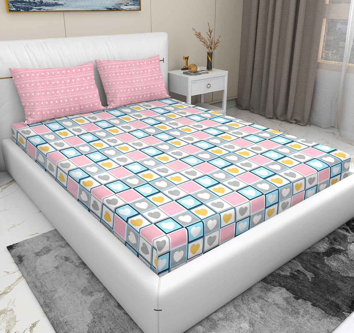 Super Soft Cotton Feel Bedsheet For Double Bed King Size With 2 Pillow Covers | 100 X 108 Inches, White & Pink | Perfect For All Season Comfort