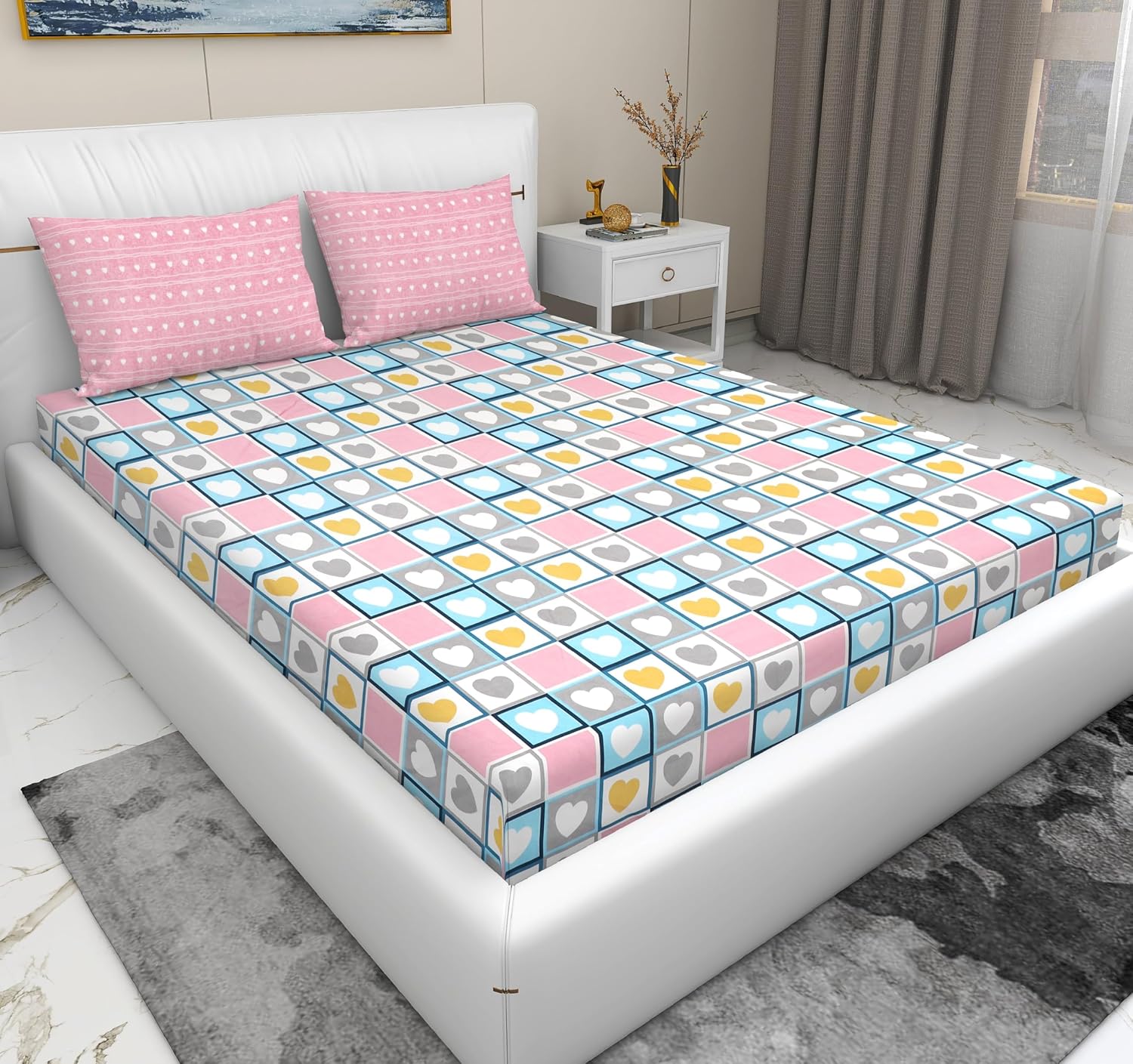 Presents Luxurious Glace Cotton King Size Bedsheet With 4 Pillow Cover - 108 X 108 Inches, Navy Blue & Pink | Perfect For All Season Comfort | Pack Of 2