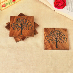 Premium Hand Engraved Sheesham Wooden Coasters Set Of 4 - Brown, L X B X H - 10 Cm X 10 Cm X 1 Cm | Table Coasters