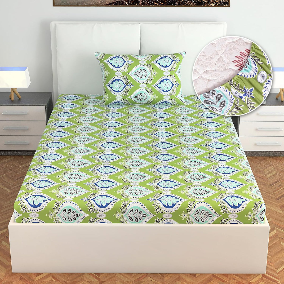 Super Soft Single Fitted Bedsheet With 1 Pillow Cover | 57 X 78 + 6 Inches, Light Green - Perfect For Use In Bedrooms, Guest Rooms, Dormitories