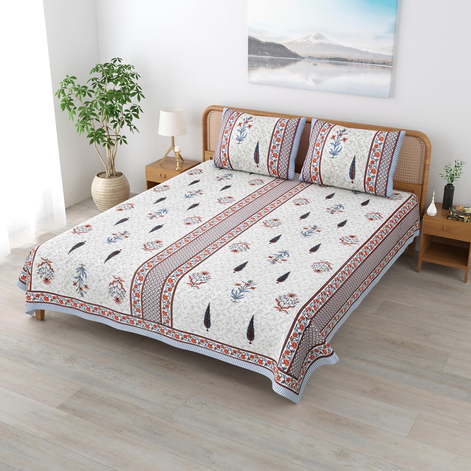 Sanskriti Bedsheet For Double Bed King Size With 2 Pillow Cover - 90 X 108 Inches, White & Orange | Soft, Durable & Stylish | Breathable & Skin-Friendly