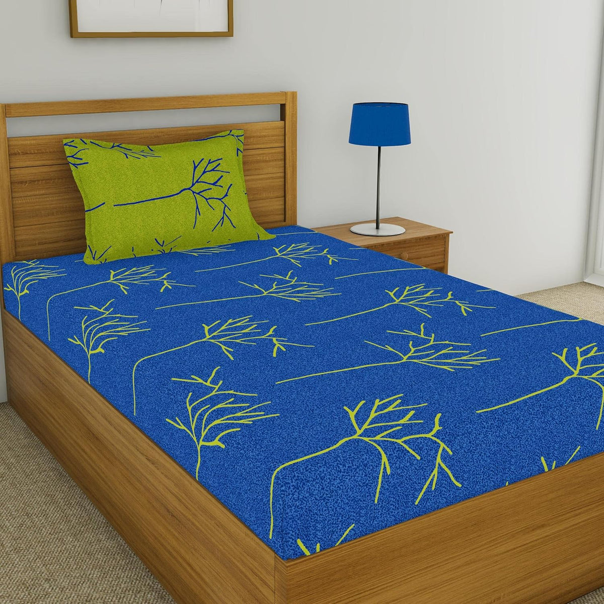 Single Bedsheet With 1 Pillow Cover - 55 X 88 Inches, Blue & Green | Soft & Comfortable Sleep Experience | Machine Wash In Cold Water