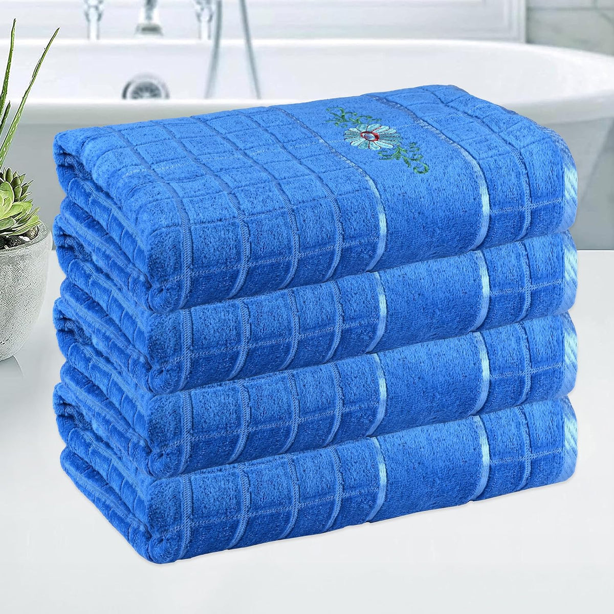 Kuber Industries Rectangle Super Absorbent Bath Towel 2000 Gsm | Soft & Comfortable Swimming & Bathing Towels | Gold Flower (Blue)- Pack Of 4