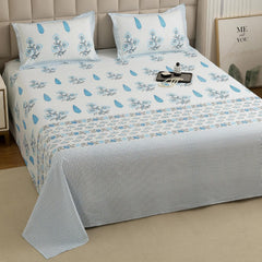 1 Piece Cotton Bedsheet For King Size With 1 Pillow Cover - 108 X 108 Inches, White & Light Blue | Soft & Durable For Everyday Use & Bedroom - All Season Comfort