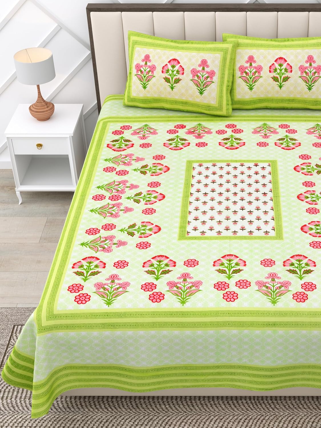 Suitable For King Size Bedsheet With 2 Pillow Cover - 90 X 108 Inches, Red & Green | Soft, Breathable & Skin-Friendly Feel For Year-Round Comfort