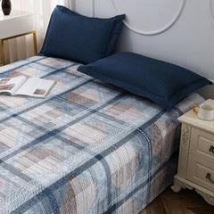Bedsheets For Double Bed With 2 Pillow Cover - 92 X 98 Inches, Off White & Blue | Satin Finish Microfiber Queen Size Bedsheet | Skin Friendly & Breathable Fabric