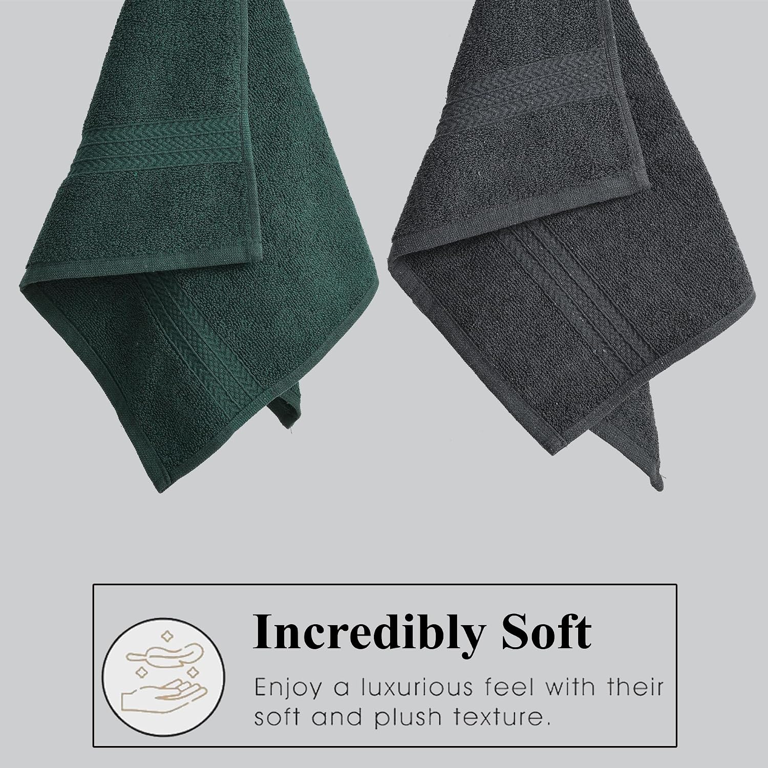 Fresh From Loom Luxury Fur Collection Hand Towel 500 Gsm Napkins Cotton High Absorbency Double Stitched Size (Blackish Grey & Dark Green) - Set Of 4