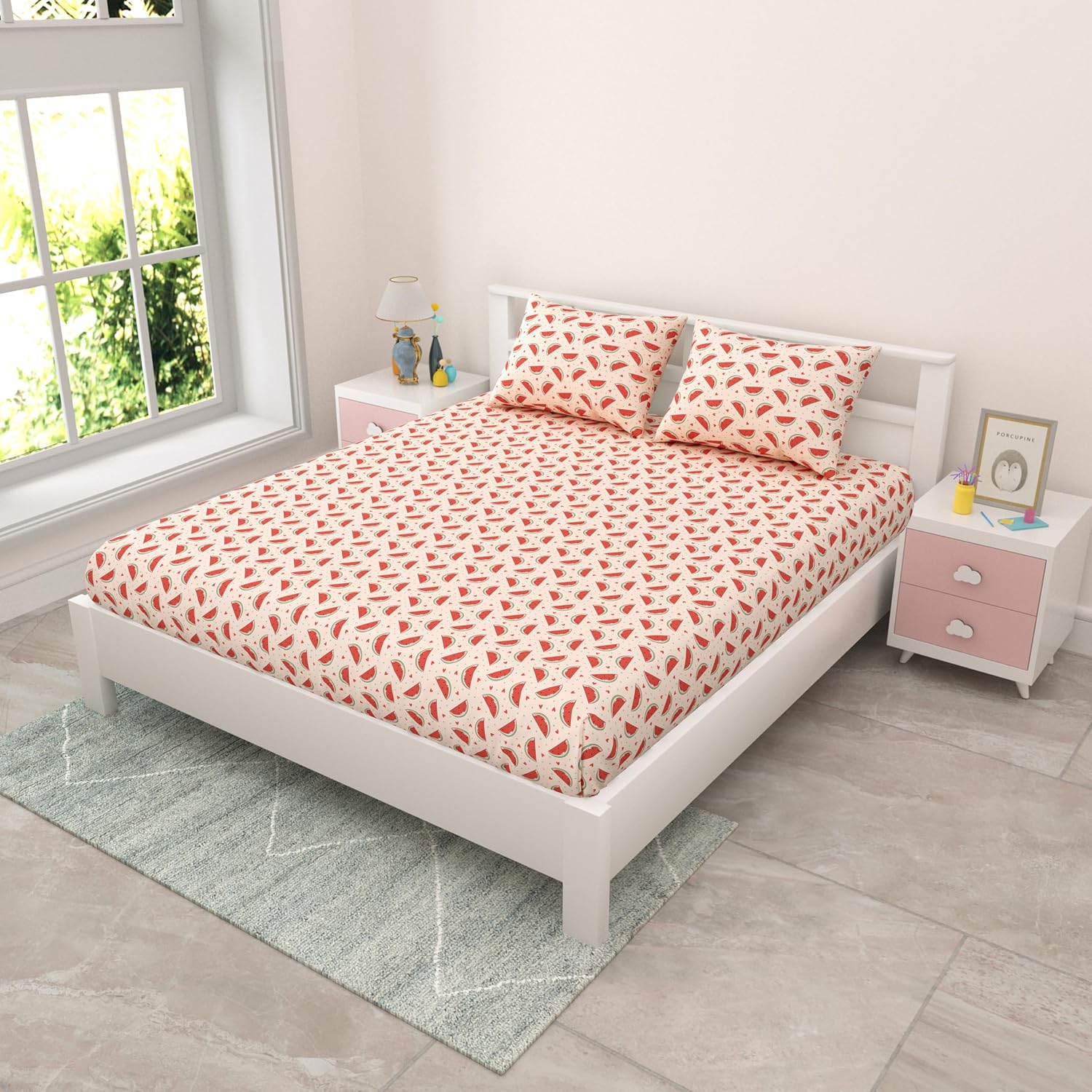Pure Cotton Kids Bedsheet Double Bed Queen Size With 2 Pillow Covers | 90 X 100 Inches, Dusky Peach | Fun Cartoon Theme, Soft & Breathable Fabric