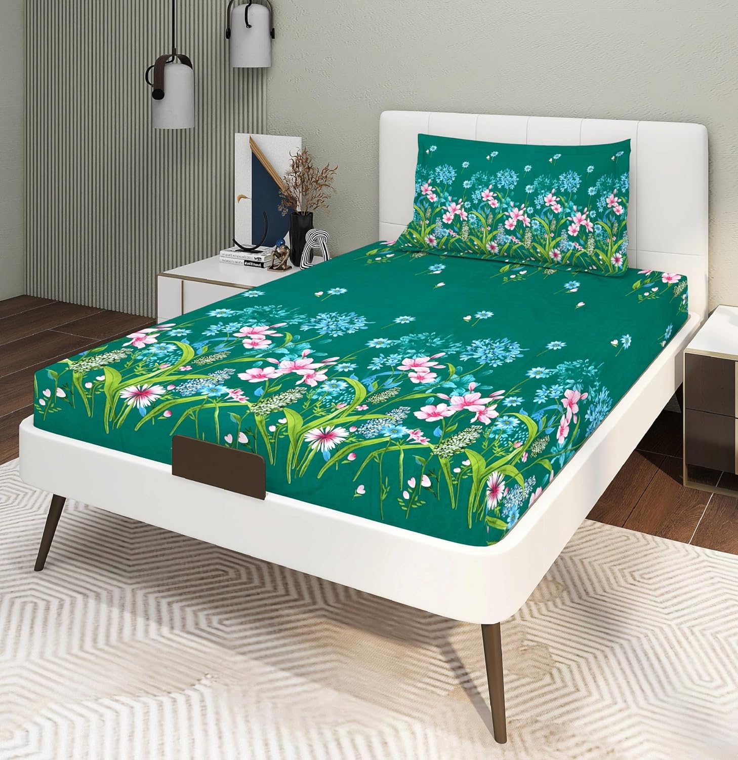 Glace Cotton Super Soft Bedsheets Single Bed Size (60 X 90 Inch) With 1 Pillow Cover | All Around Elastic Fitted Bedsheets, Dark Green