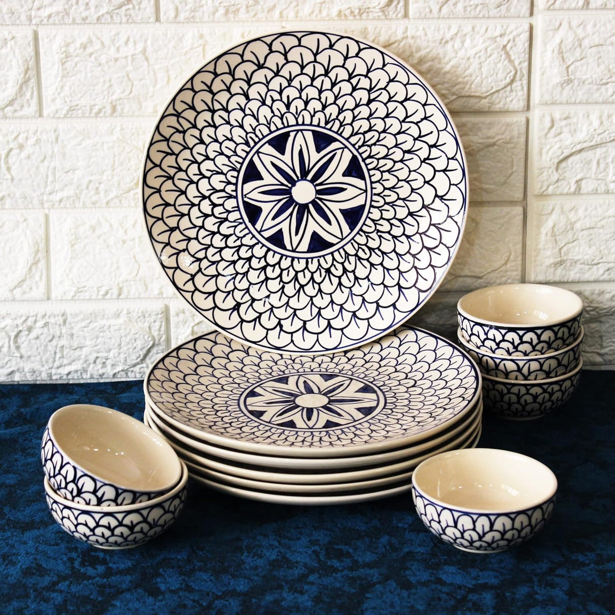 Mermaid Tales Hand Painted Ceramic Dinner Set - 12 Piece, White & Indigo | 6 Dinner Plates + 6 Katori Serving Bowls, 180ml Each | Serving For 6, Microwave Safe & Dishwasher Safe