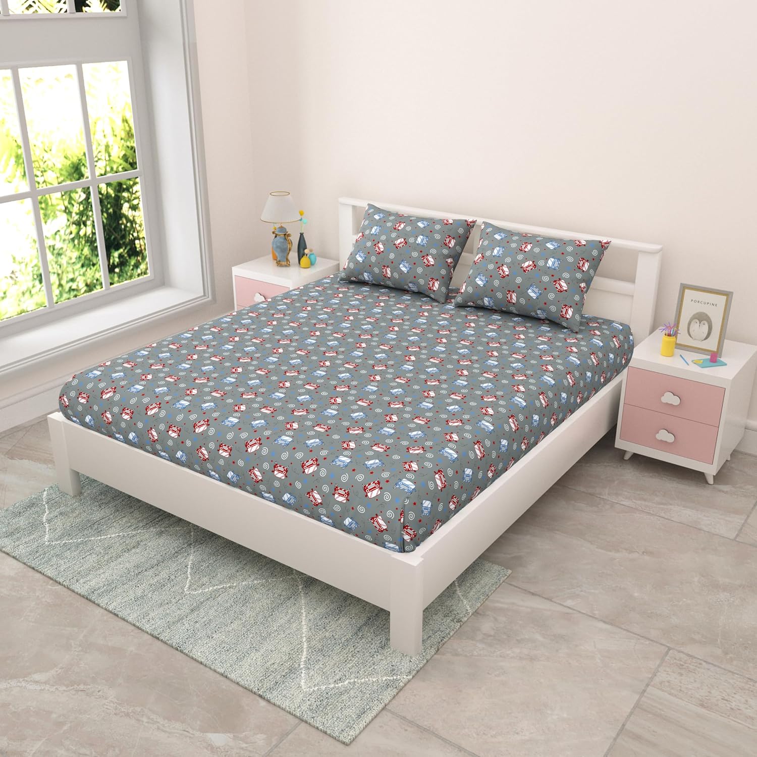 Pure Cotton Kids Bedsheet Double Bed Queen Size With 2 Pillow Covers | 90 X 100 Inches, Grey & Red | Fun Cartoon Theme, Soft & Breathable Fabric