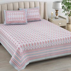 Bedsheet For Queen Bed With 2 Pillow Covers - 90 X 108 Inches, Grey & Pink | Pure Cotton Traditional Jaipuri Printed | Ideal For Both Everyday Use & Special Events