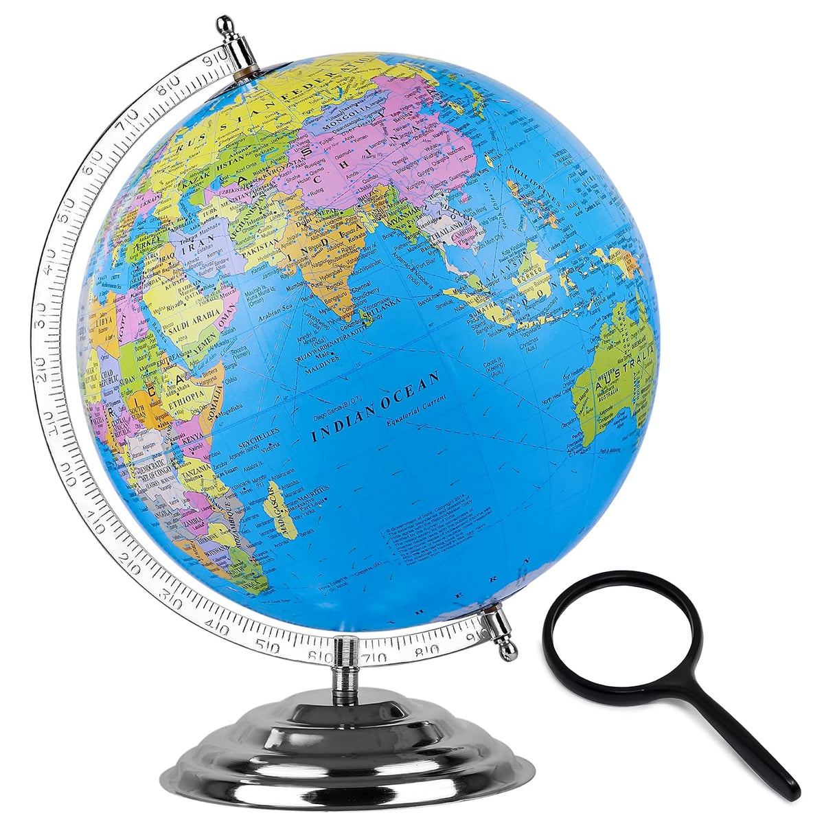 Stem Steam Educational World Globe For Kids - 12 Inch Political Globe + Magnifying Glass For Students & Kids, Office Table - Blue