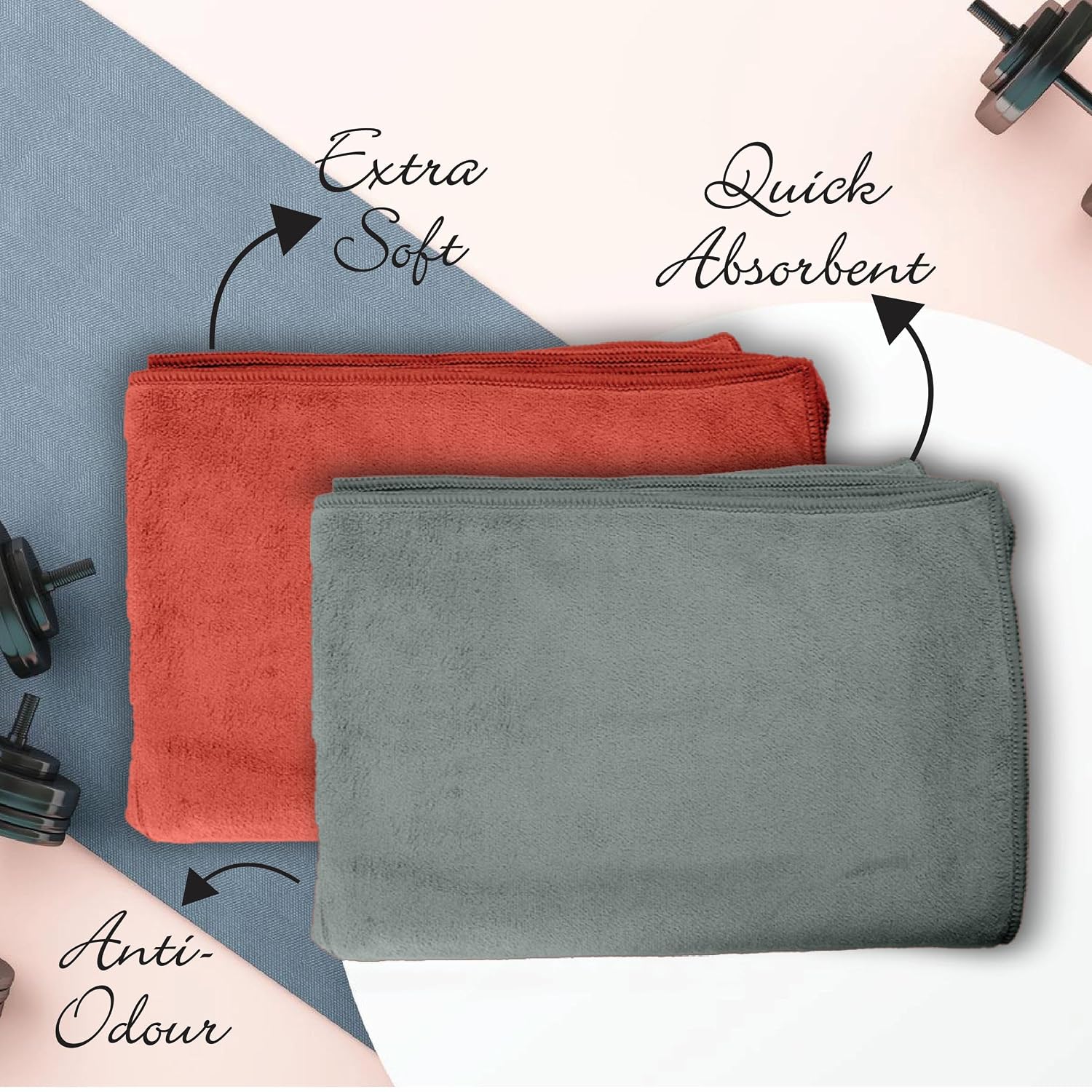 Housse Microfiber Hand Towel 400 Gsm | Premium Quality Towels Ultra Absorbent & Anti-Bacterial For Gym (Desert Sand & Frost Grey) - Pack Of 2