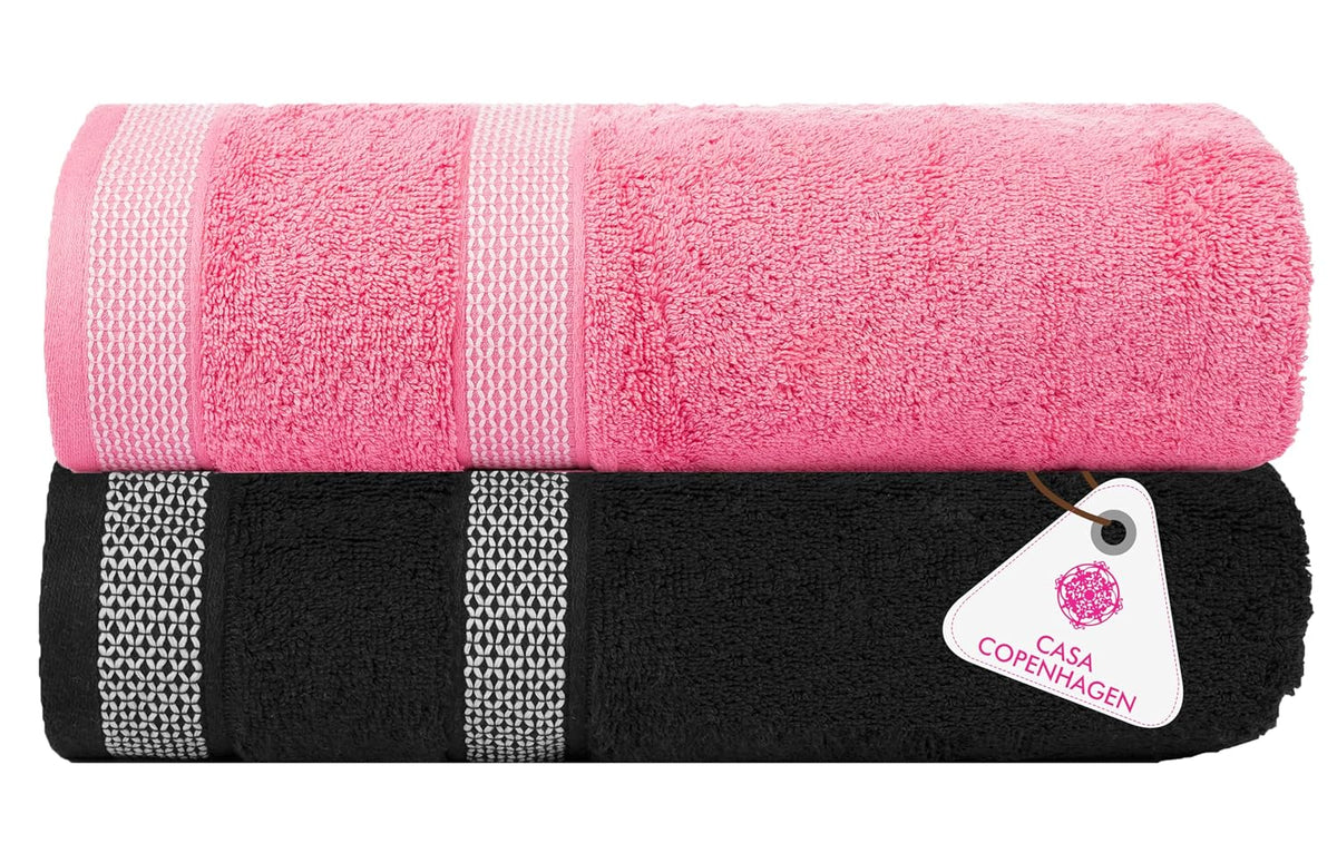 Casa Copenhagen Designed In Denmark Solitaire Super Soft 2 Pieces 100% Cotton Large Bath Towel 525 Gsm - Black & Pink