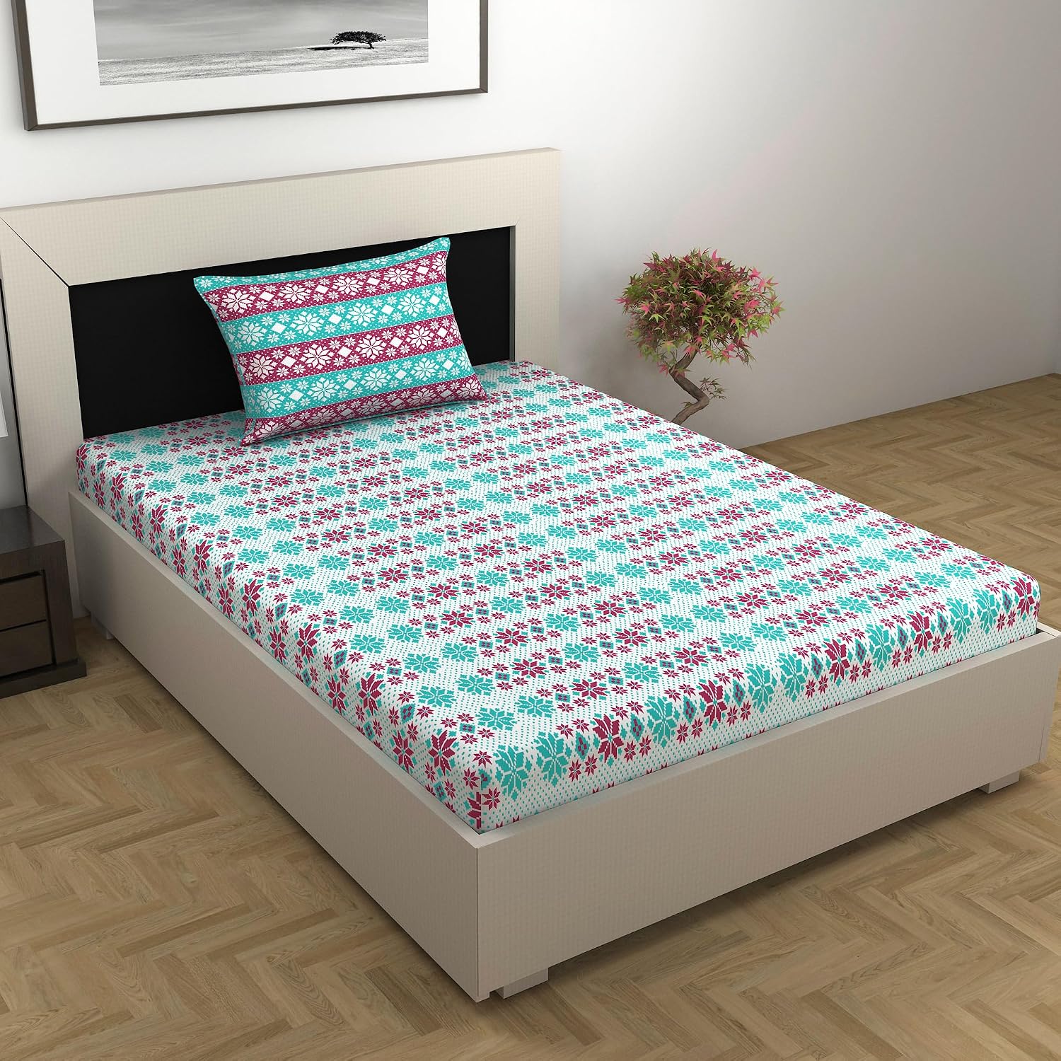 Bedsheet For Single Size Bed With 1 Pillow Cover - 57 X 87 Inches, Aqua & Red | Gifts For Wedding Or Anniversary, Surprise, Soft, Breathable, & Comfortable Bedsheet