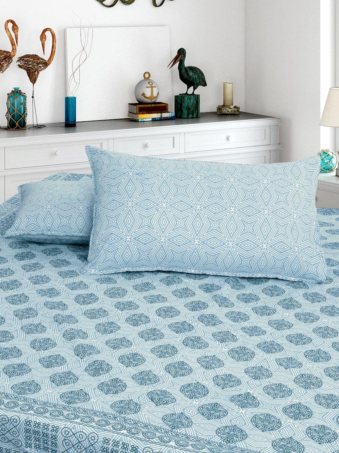 Handloom Printed Double Bedsheet For Queen Size With 2 Matching Pillow Cover | Size 90 X 100 Inches, Blue - Cotton Bedsheets For Double Bed | Soft & Smooth