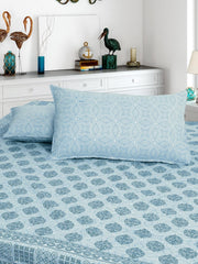 Handloom Printed Double Bedsheet For Queen Size With 2 Matching Pillow Cover | Size 90 X 100 Inches, Blue - Cotton Bedsheets For Double Bed | Soft & Smooth