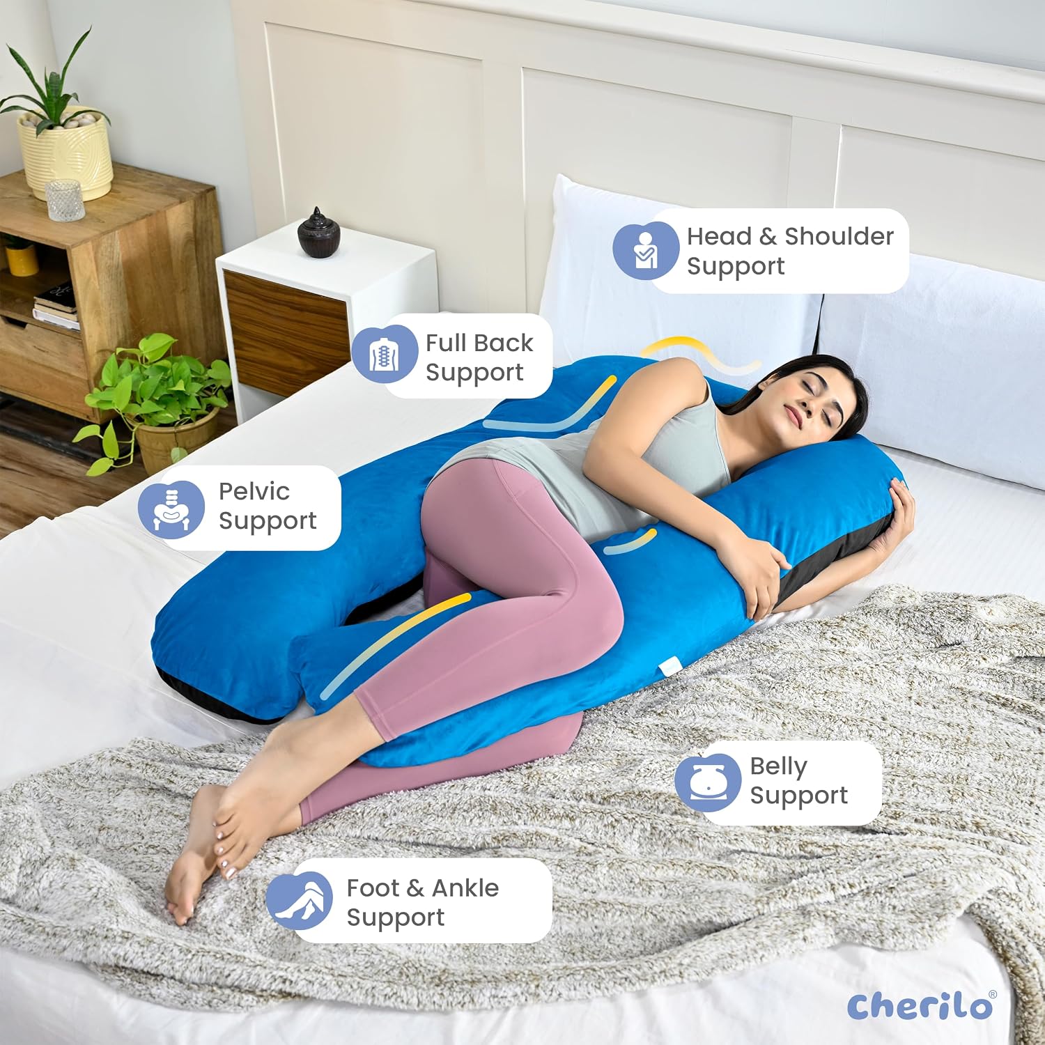 U Shaped Pregnancy Pillow For Pregnant Women & Nursing Mom, Black & Sky Blue | Full Body Support, Single Pillow For Multipurpose Use During Maternity | Premium Velvet Outer Cover With Zip