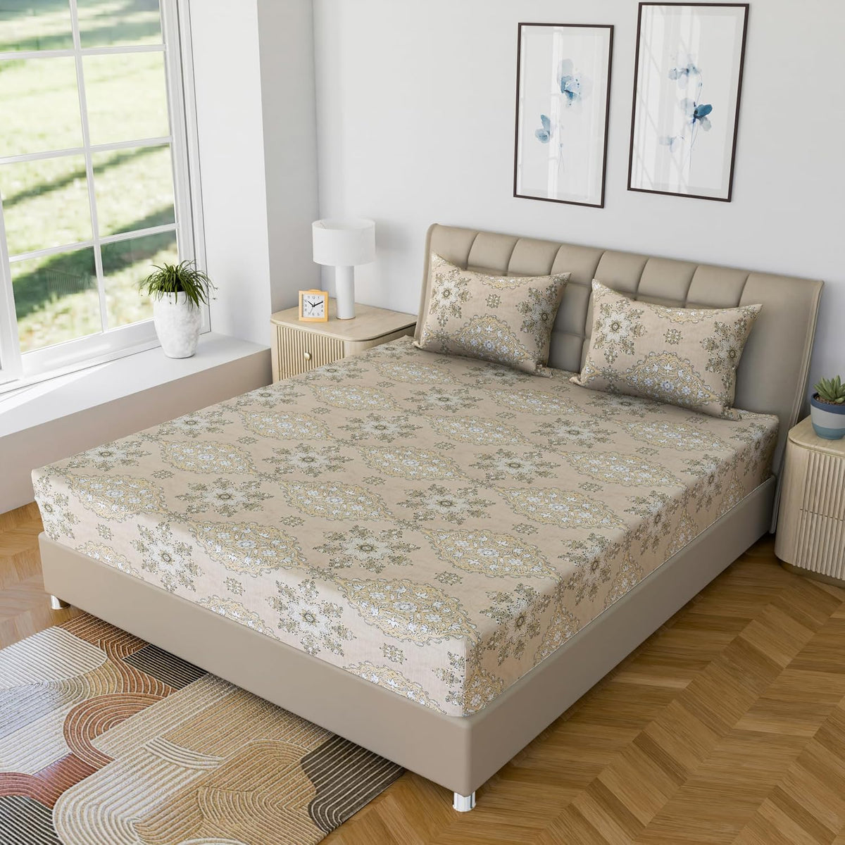 Luxury Bedsheet Queen Size With 2 Pillow Cover - 60 X 78 Inches, Beige & Green | Printed All Around Elastic Fitted Bedsheet | Durable & Fade-Resistant