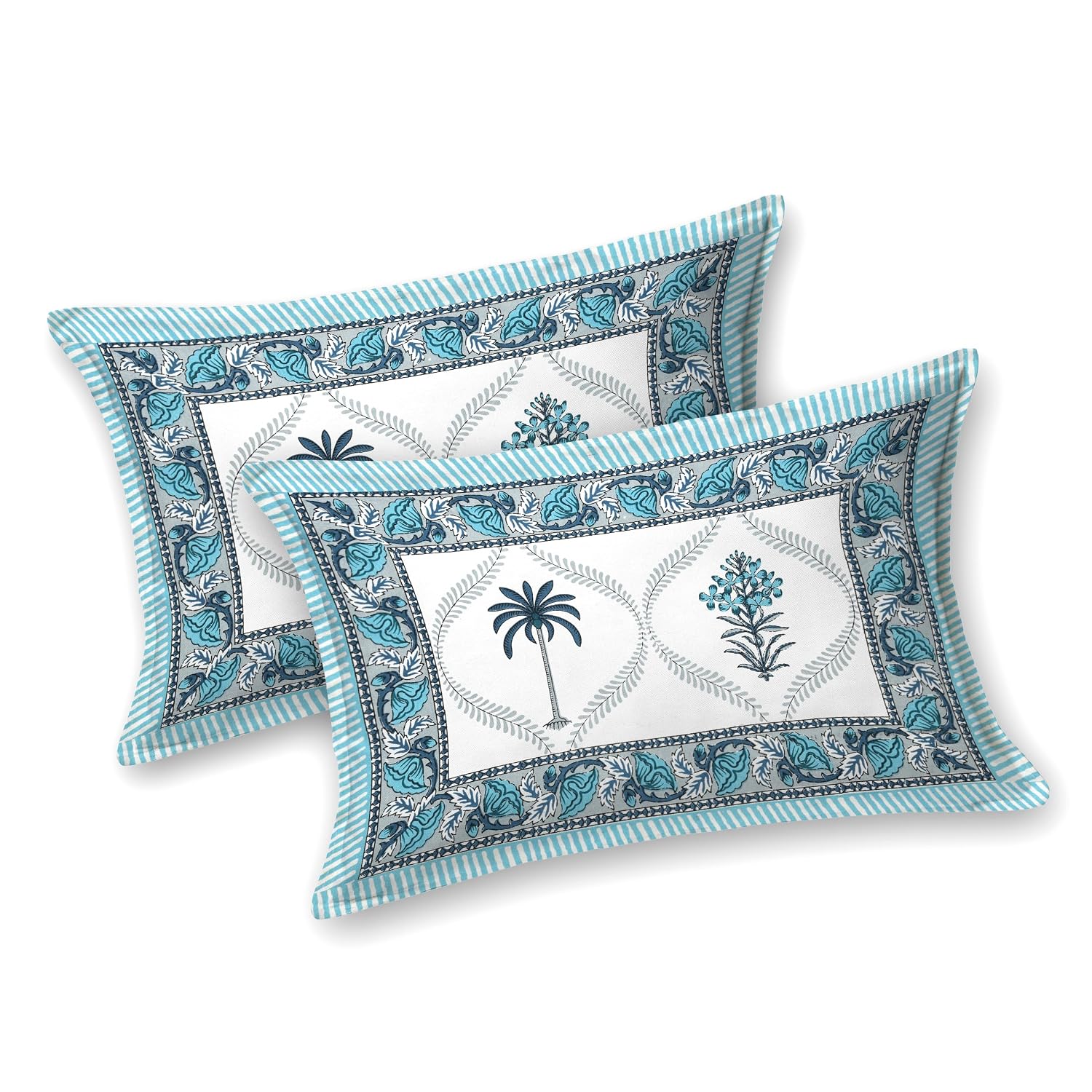 1 Queen Size Bedsheet For Double Bed With 2 Pillow Covers (90 X 108 Inches) White & Sky Blue | Floral Print Designs - Breathable 100% Cotton Bedsheet Comfortable