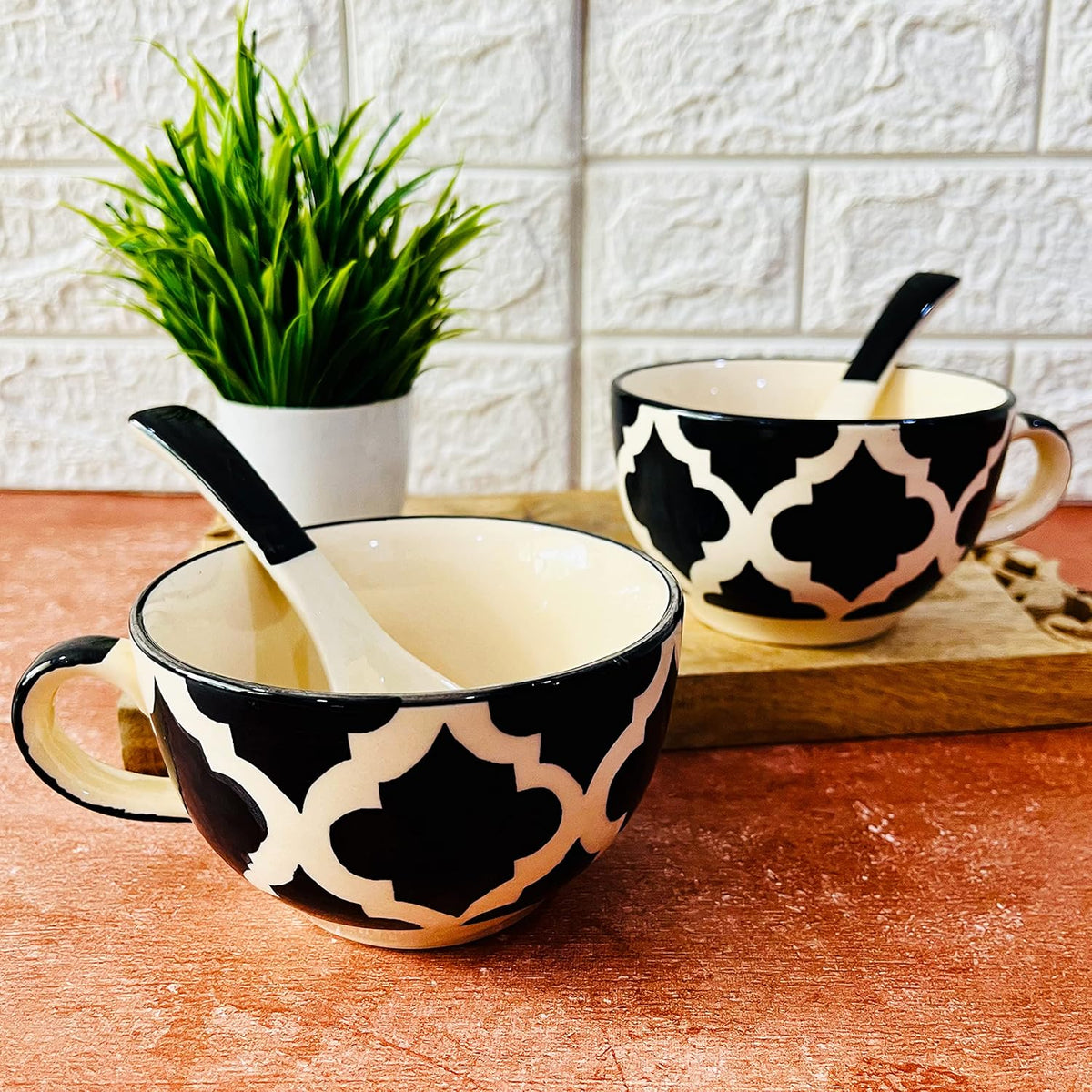 Black Moroccan Hand Painted Handled Ceramic Soup Bowls With Spoons Set Of 2, 300ml Each | Ceramic Soup Cups - 2 Pieces, Microwave Safe & Dishwasher Safe