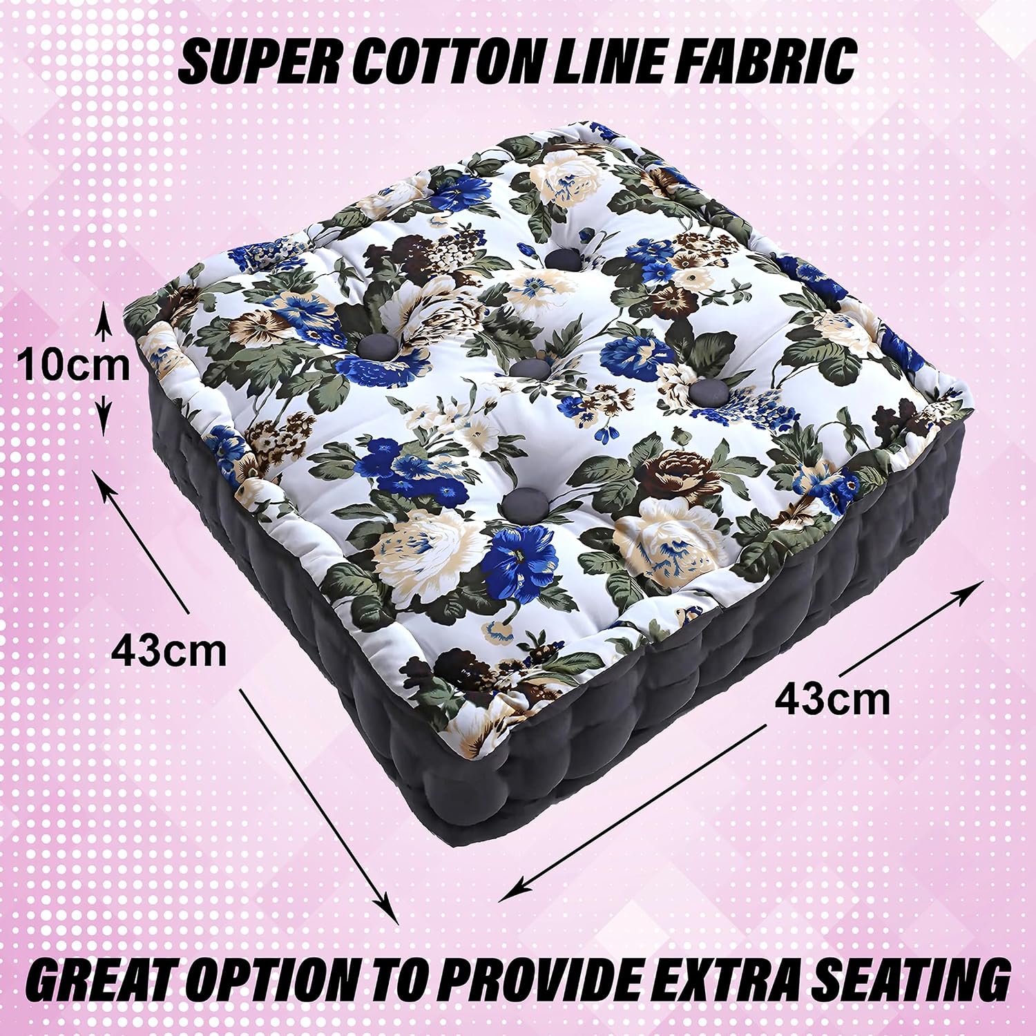 Square Chair Pad, Soft Cotton Pillow Filler For Seating, Living Room - White | Comfortable, Flower Design, Seat Cushion | For Seating Gaddi, Meditation, Yoga | Furniture Cushion, Washable