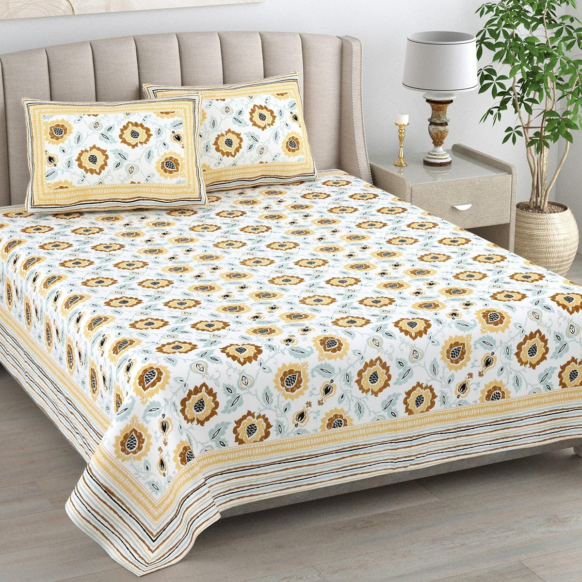 Cotton Queen Size Bedsheet For Double Bed With 2 Pillow Covers | 90 X 108 Inches, Yellow & White | Cotton Bedsheet Is Suitable For All Seasons | Ultra-Soft, Skin-Safe & Breathable Fabric